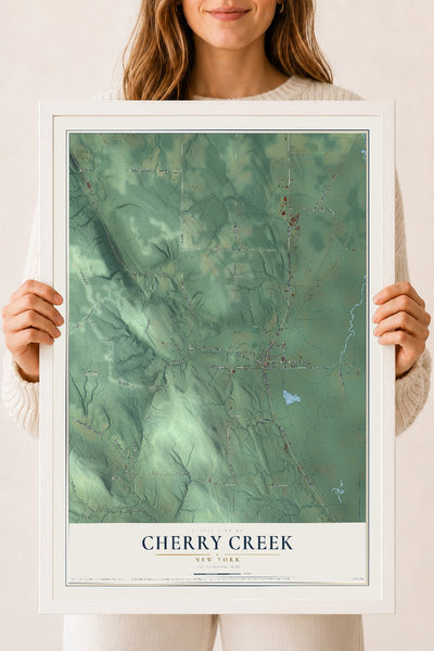 Cherry Creek, New York map print, 18" x 24" W/ White Ayous Wood Frame mockup