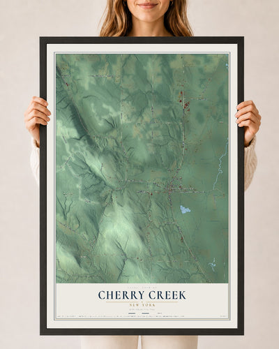 Cherry Creek, New York map print, 24" x 36" W/ Black Ayous Wood Frame mockup
