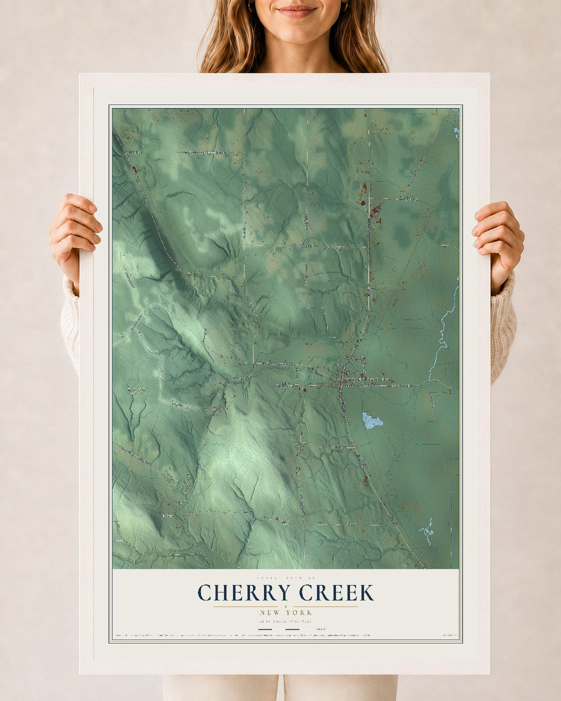 Cherry Creek, New York map print, 24" x 36" W/ White Ayous Wood Frame mockup