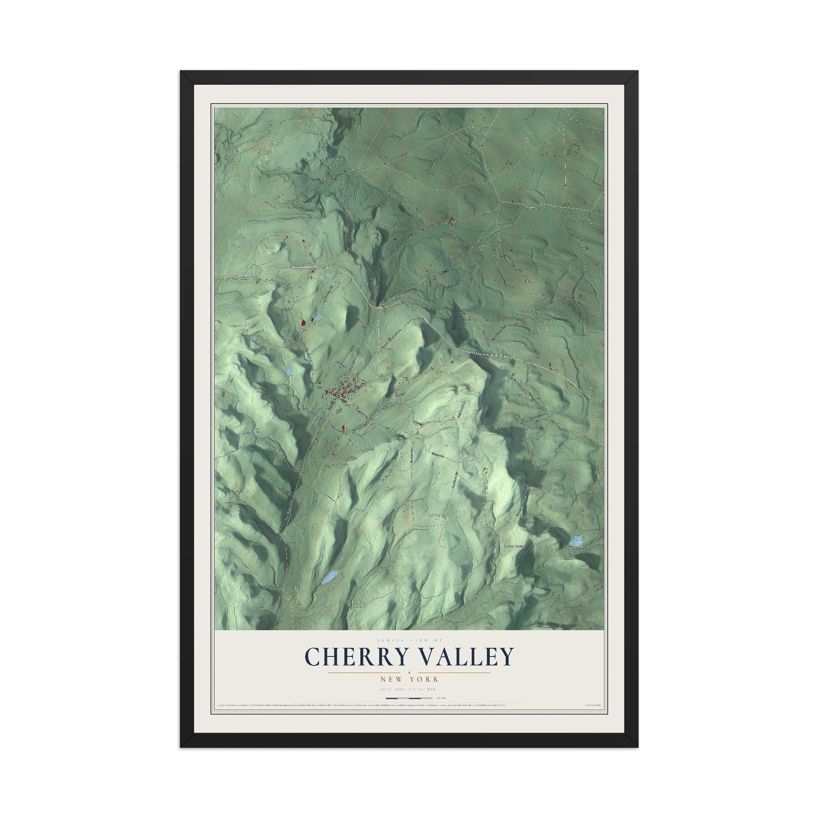 Cherry Valley, New York map print, 12" x 18" W/ Black Ayous Wood Frame mockup