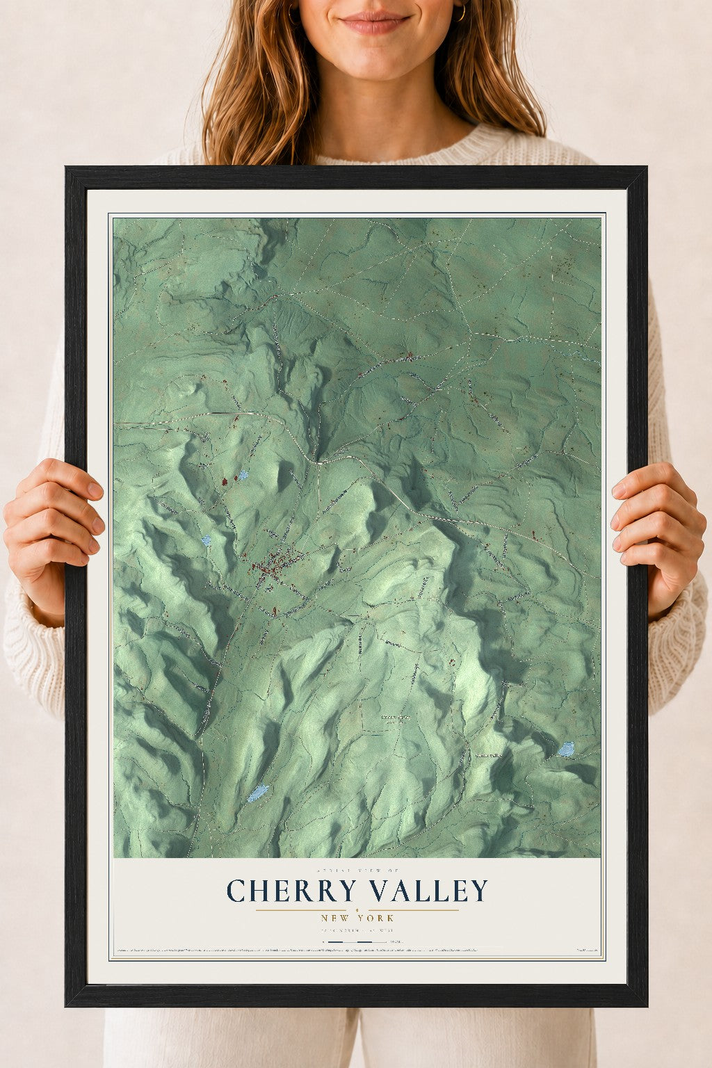 Cherry Valley, New York map print, 18" x 24" W/ Black Ayous Wood Frame mockup