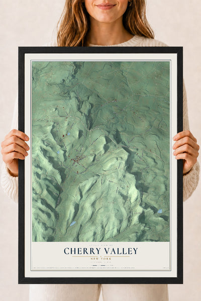 Cherry Valley, New York map print, 18" x 24" W/ Black Ayous Wood Frame mockup