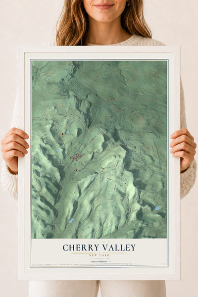Cherry Valley, New York map print, 18" x 24" W/ White Ayous Wood Frame mockup