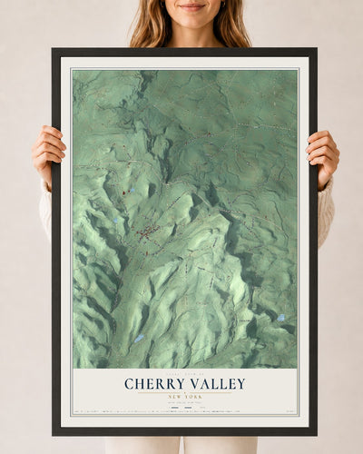 Cherry Valley, New York map print, 24" x 36" W/ Black Ayous Wood Frame mockup