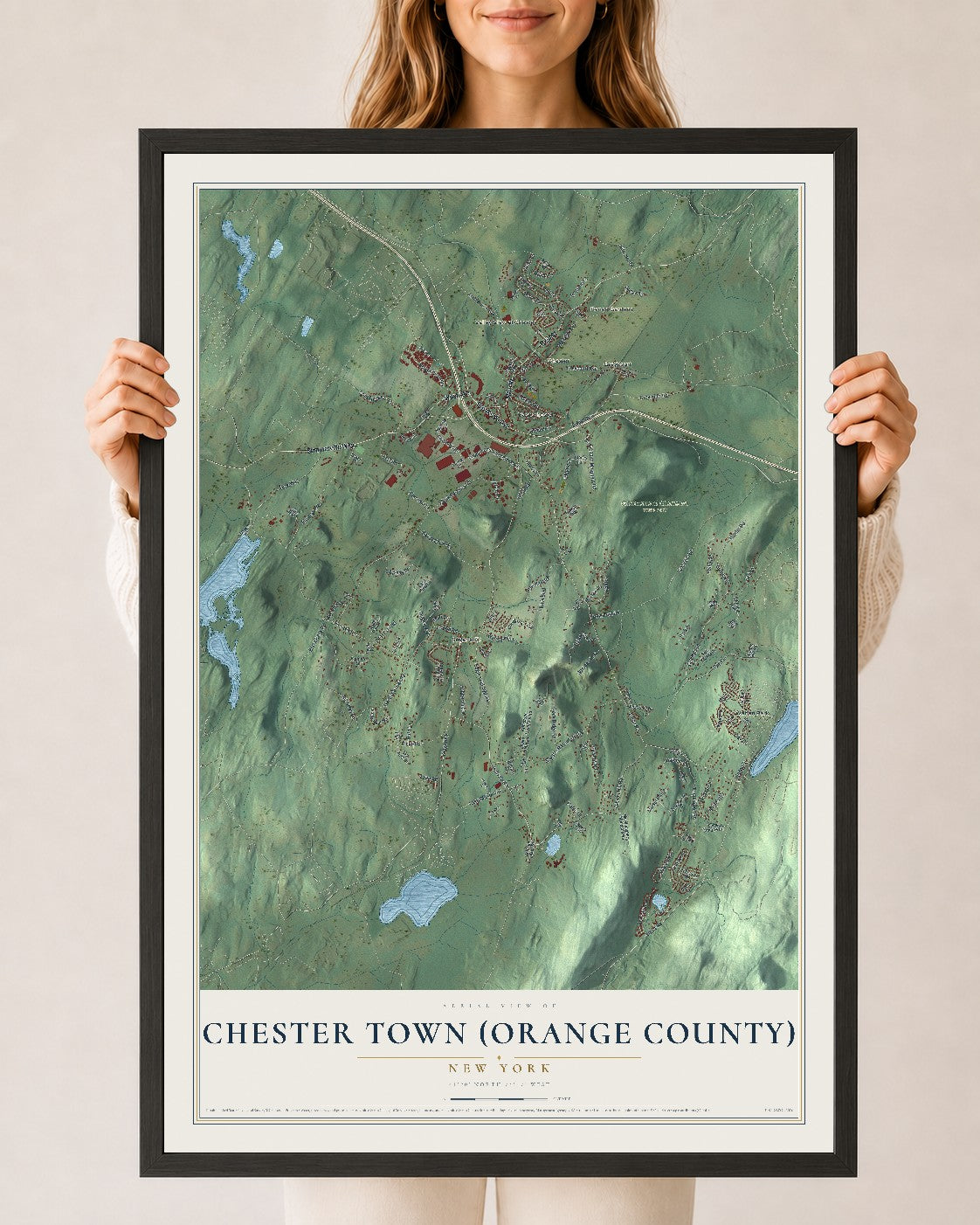 Chester Town (Orange County), New York map print, 24" x 36" W/ Black Ayous Wood Frame mockup
