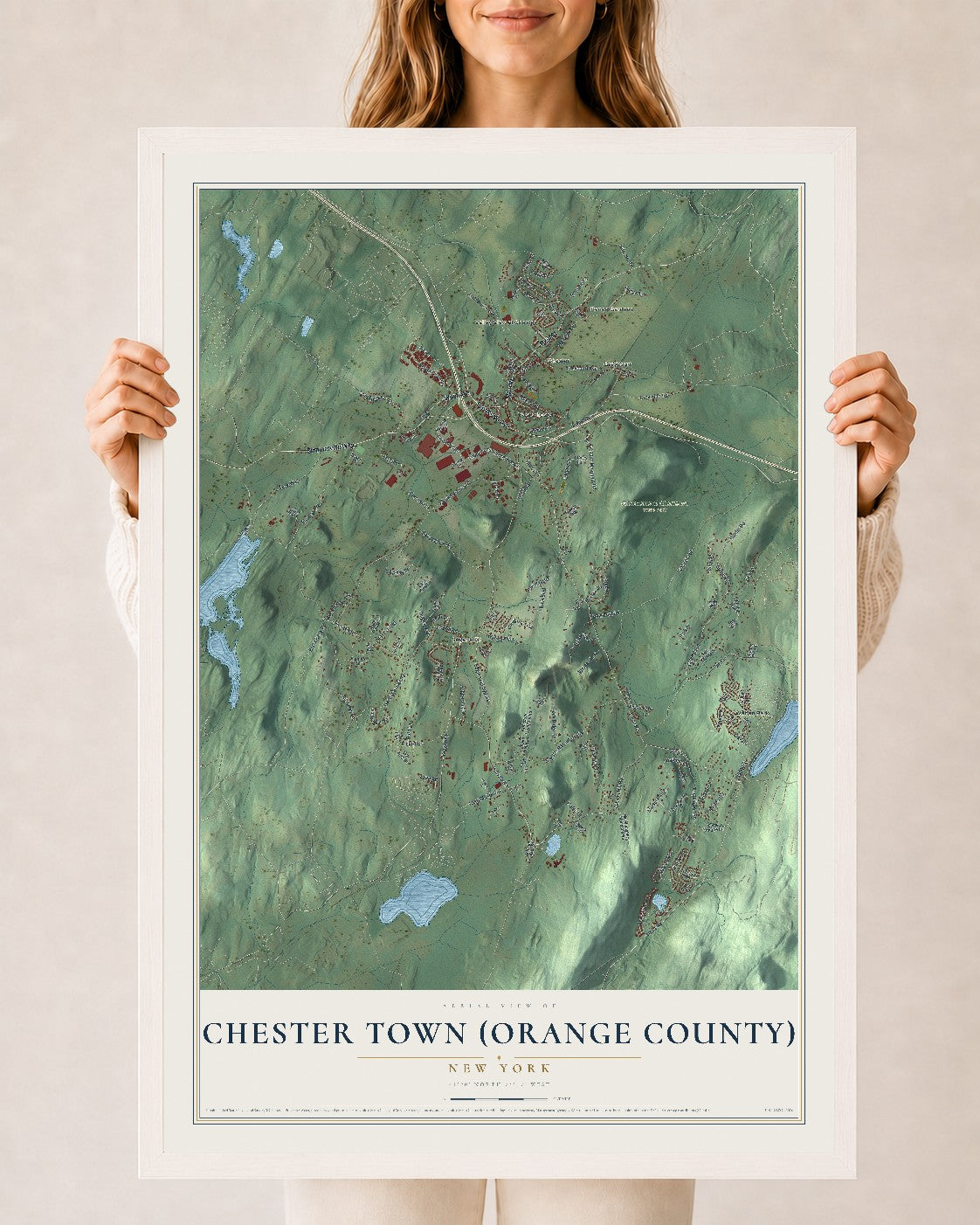Chester Town (Orange County), New York map print, 24" x 36" W/ White Ayous Wood Frame mockup