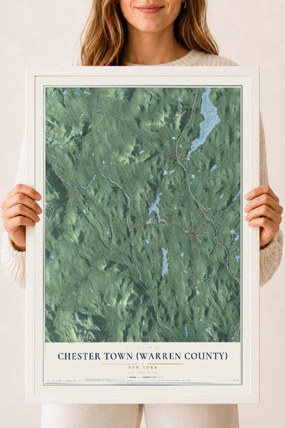 Chester Town (Warren County), New York map print, 18" x 24" W/ White Ayous Wood Frame mockup
