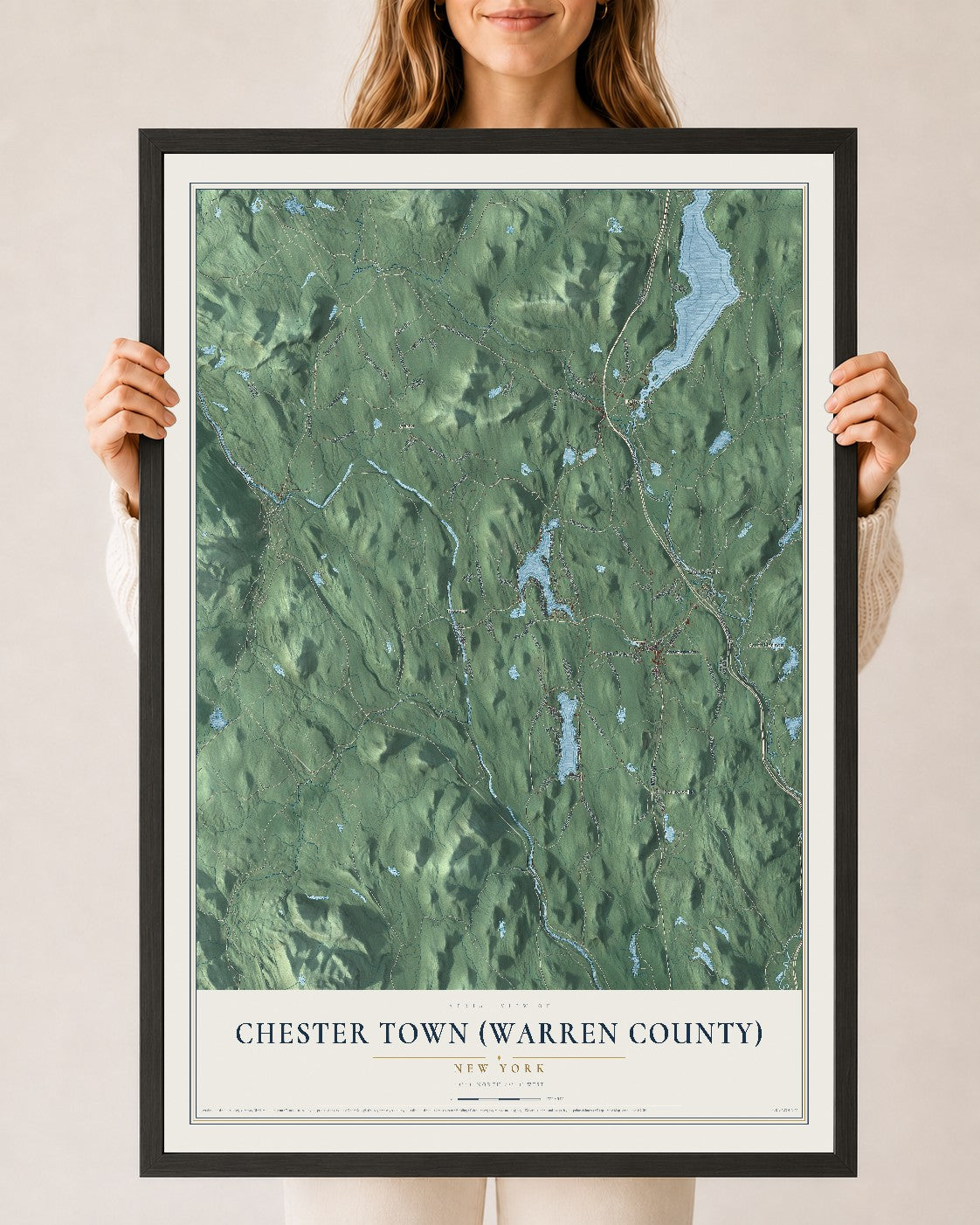 Chester Town (Warren County), New York map print, 24" x 36" W/ Black Ayous Wood Frame mockup