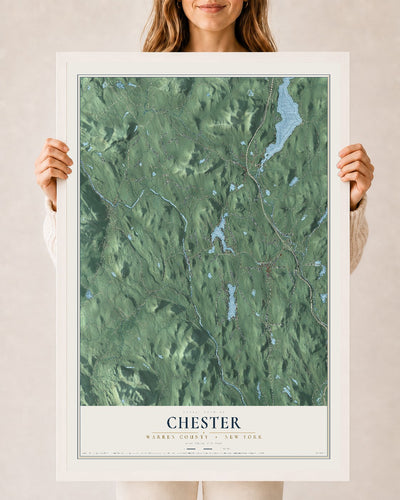 Map of Chester, Warren County, New York, 24 x 36 inch print in a white wood frame