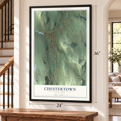 Chestertown, New York map, 24 x 36 inch print in a black frame by a staircase
