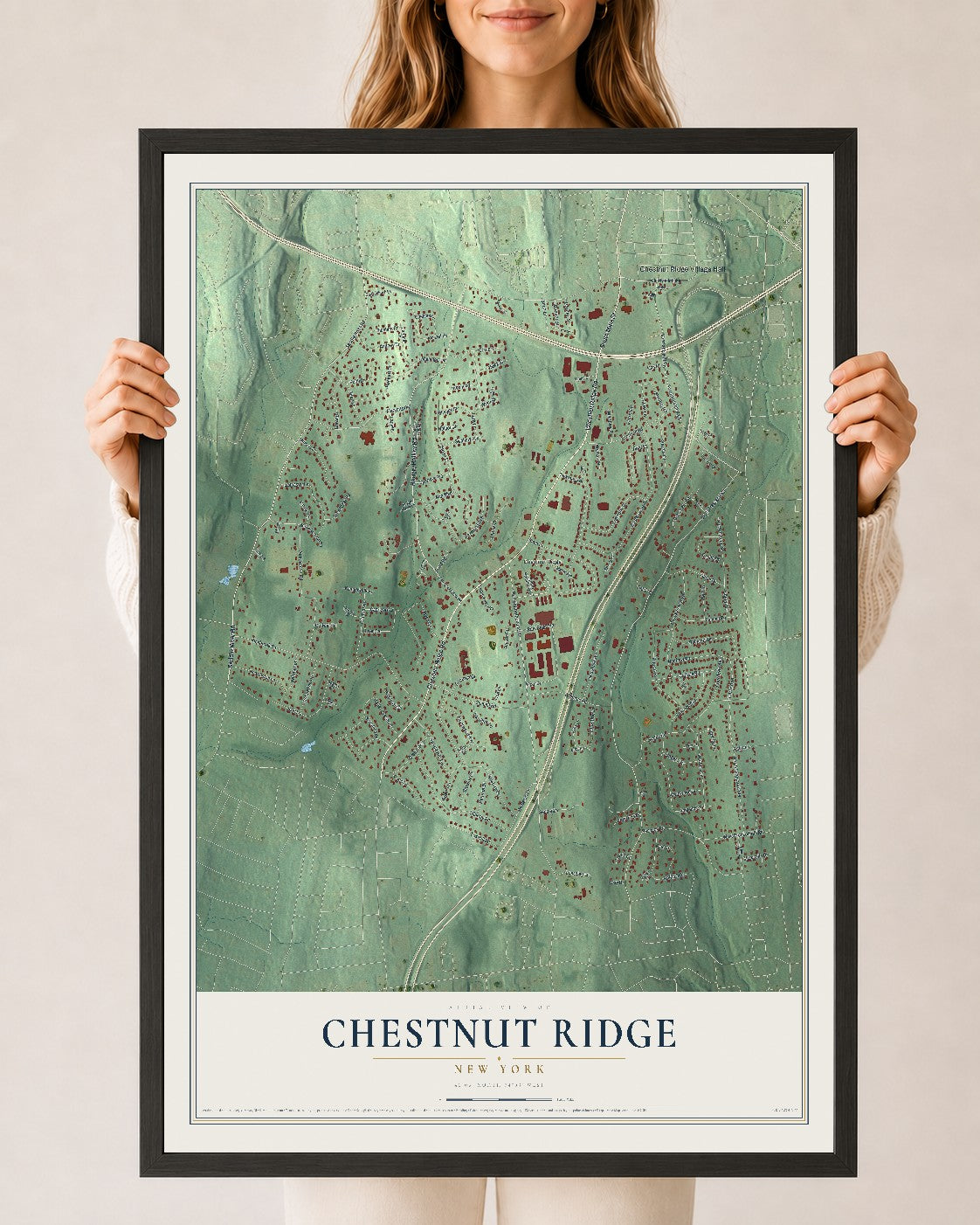 Chestnut Ridge, New York map print, 24" x 36" W/ Black Ayous Wood Frame mockup