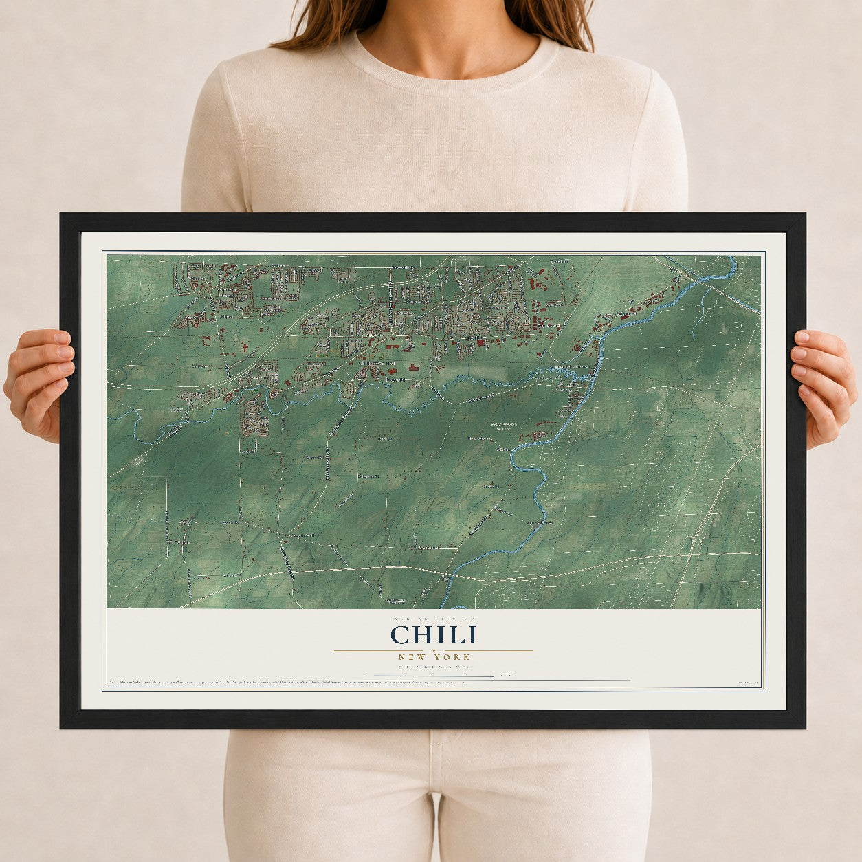 Chili, New York map print, 12" x 18" W/ Black Ayous Wood Frame mockup