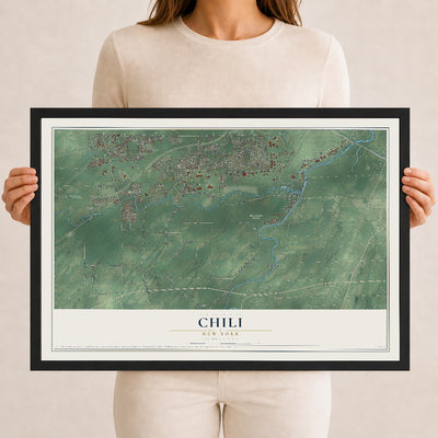 Chili, New York map print, 12" x 18" W/ Black Ayous Wood Frame mockup