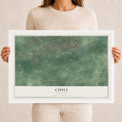 Chili, New York map print, 12" x 18" W/ White Ayous Wood Frame mockup