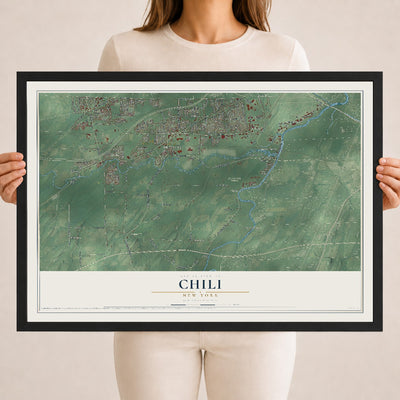 Chili, New York map print, 18" x 24" W/ Black Ayous Wood Frame mockup