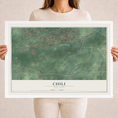 Chili, New York map print, 18" x 24" W/ White Ayous Wood Frame mockup