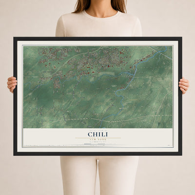 Chili, New York map print, 24" x 36" W/ Black Ayous Wood Frame mockup