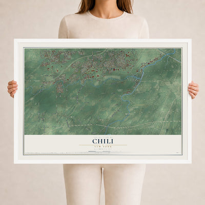 Chili, New York map print, 24" x 36" W/ White Ayous Wood Frame mockup