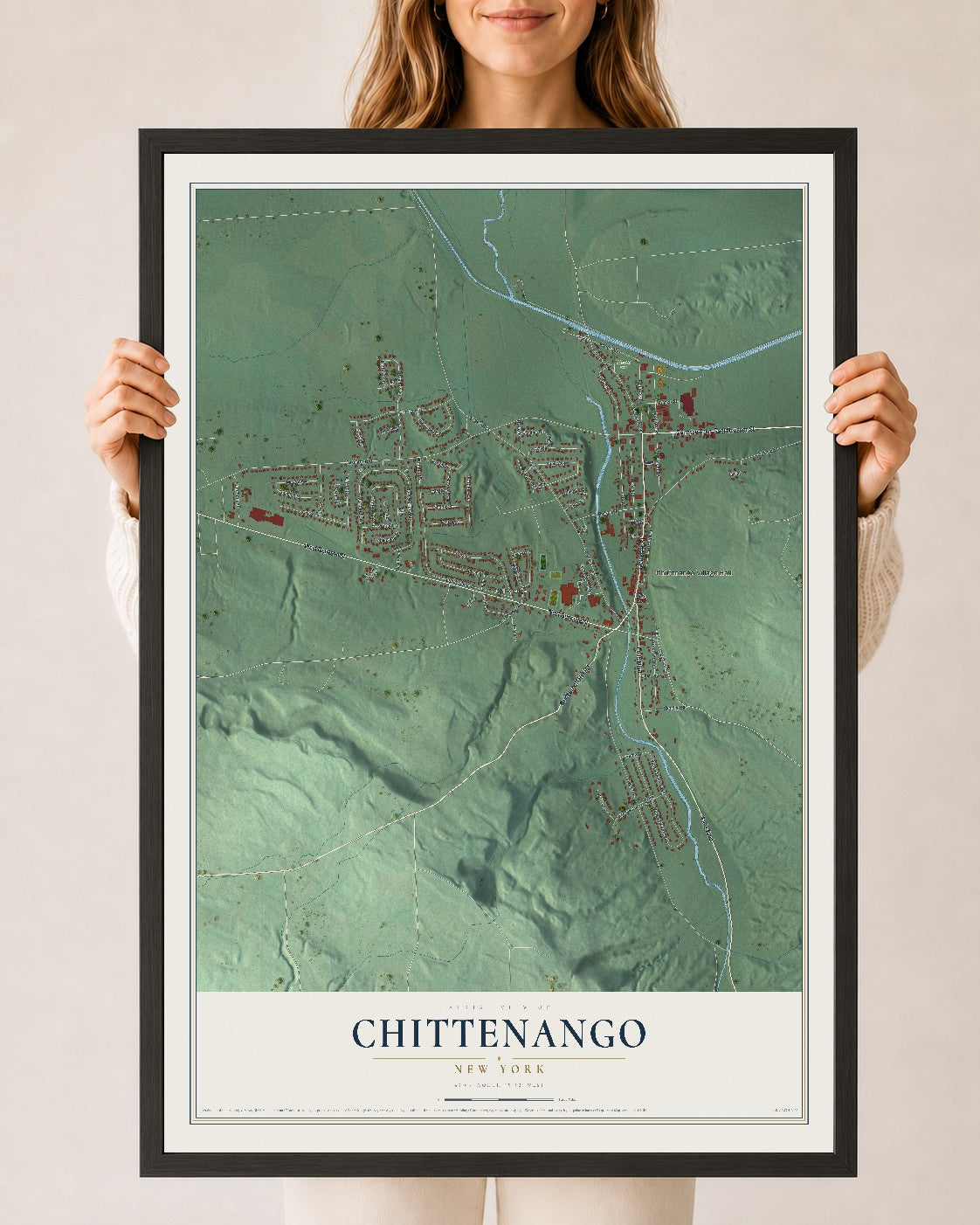 Chittenango, New York map print, 24" x 36" W/ Black Ayous Wood Frame mockup