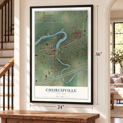 Churchville, New York map, 24 x 36 inch print in a black frame by a staircase