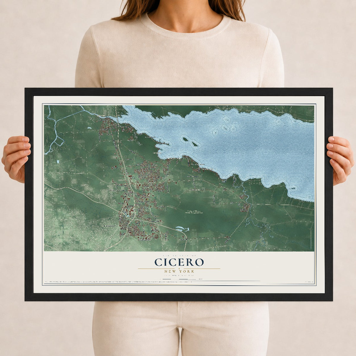 Cicero, New York map print, 12" x 18" W/ Black Ayous Wood Frame mockup