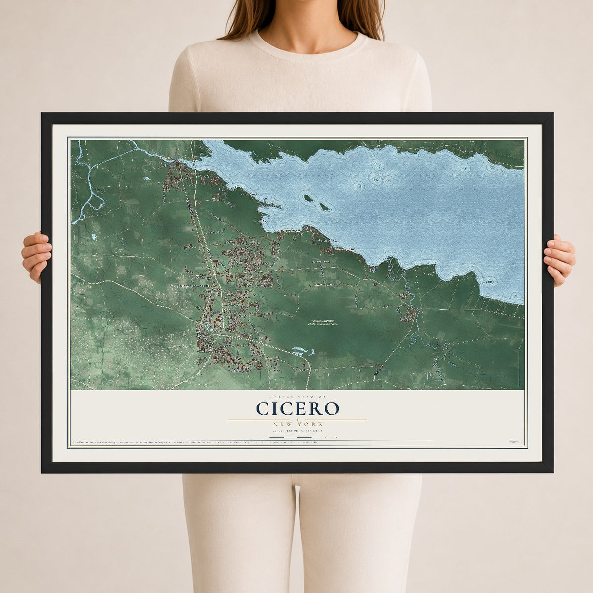 Cicero, New York map print, 24" x 36" W/ Black Ayous Wood Frame mockup