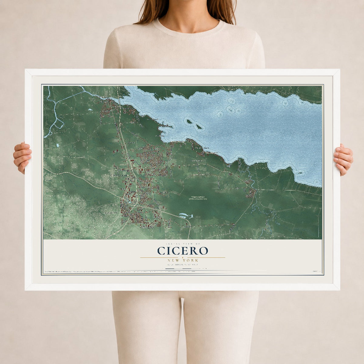 Cicero, New York map print, 24" x 36" W/ White Ayous Wood Frame mockup