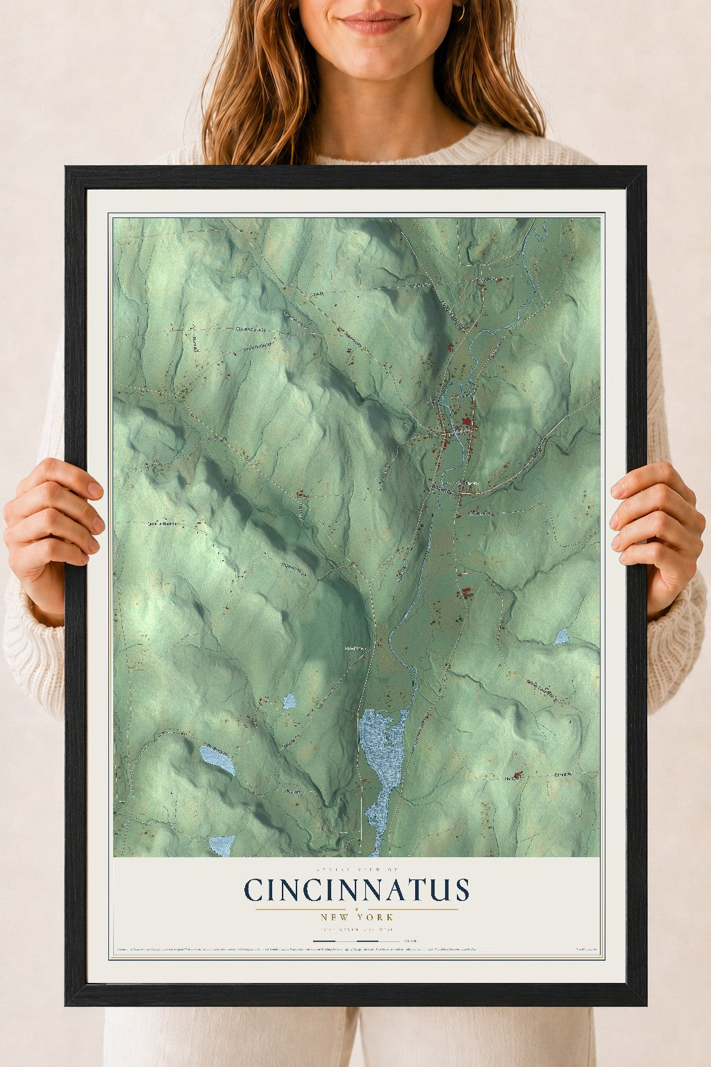 Cincinnatus, New York map print, 18" x 24" W/ Black Ayous Wood Frame mockup