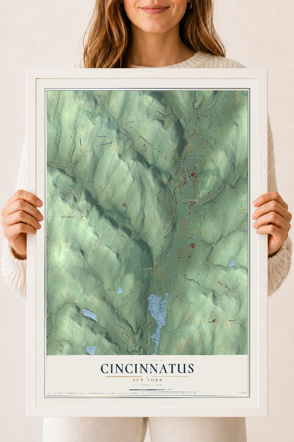 Cincinnatus, New York map print, 18" x 24" W/ White Ayous Wood Frame mockup