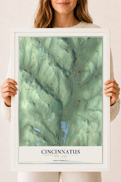 Cincinnatus, New York map print, 18" x 24" W/ White Ayous Wood Frame mockup