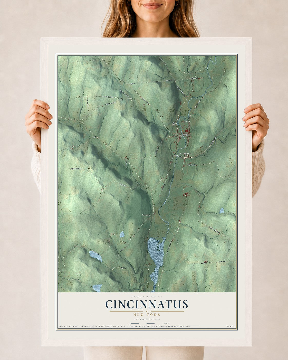 Cincinnatus, New York map print, 24" x 36" W/ White Ayous Wood Frame mockup