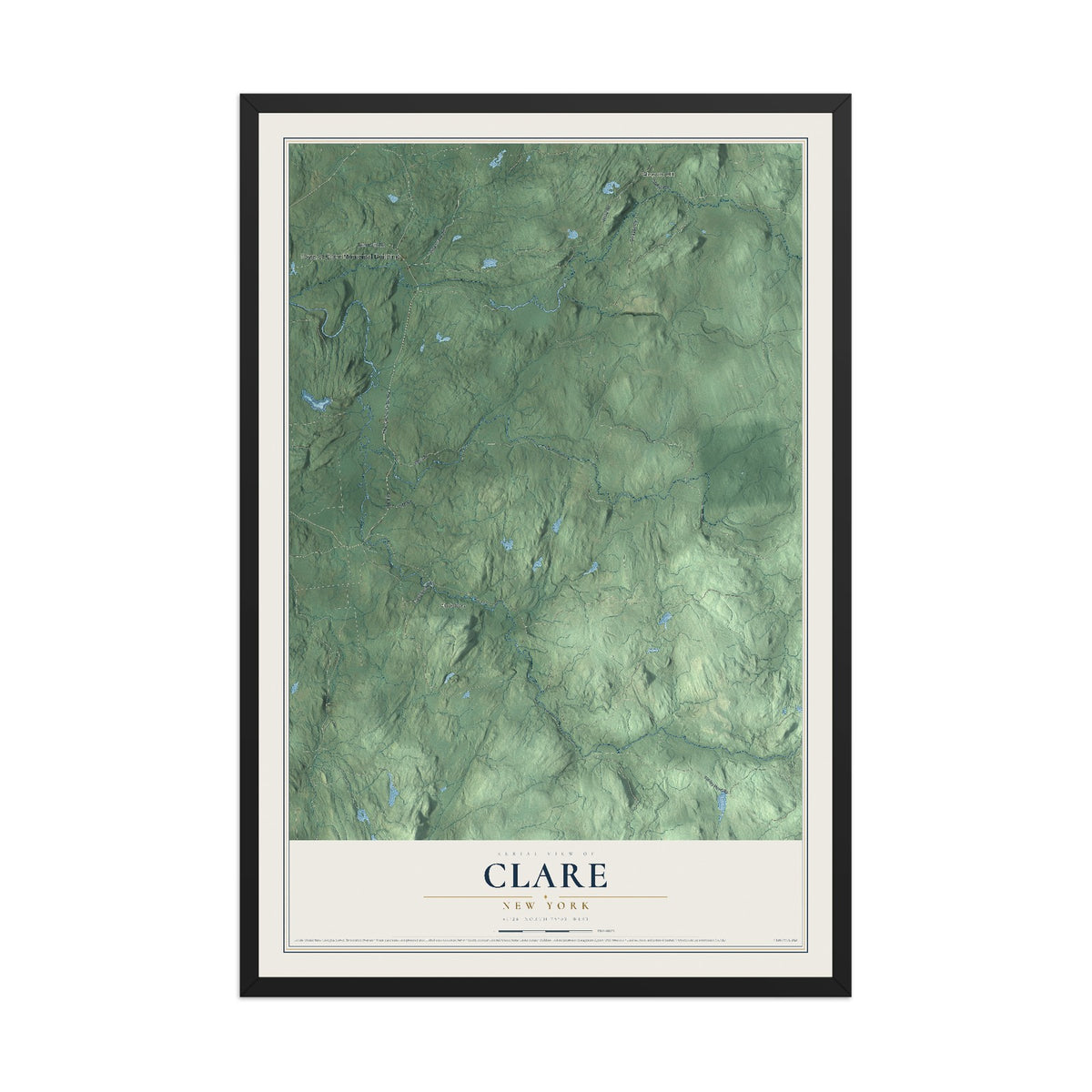 Clare, New York map print, 12" x 18" W/ Black Ayous Wood Frame mockup