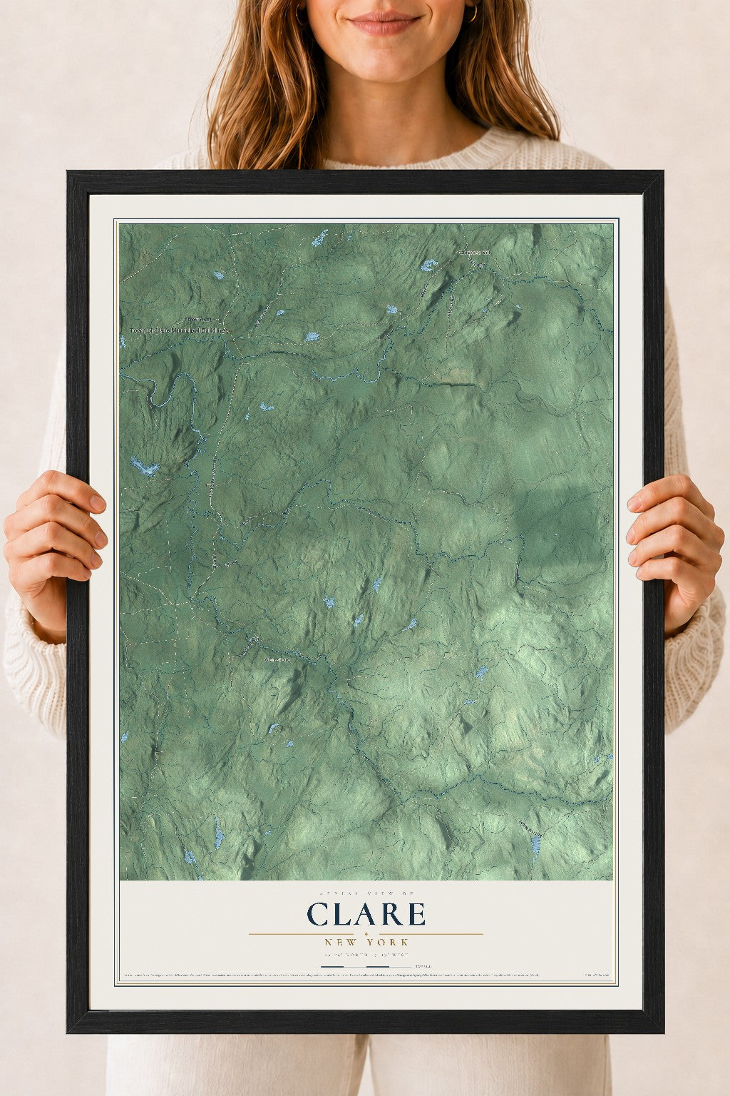 Clare, New York map print, 18" x 24" W/ Black Ayous Wood Frame mockup