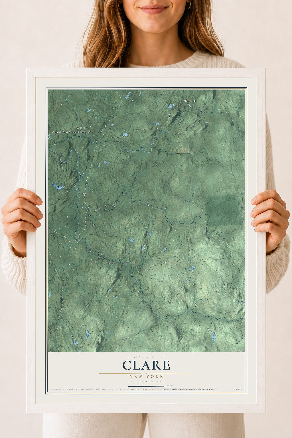 Clare, New York map print, 18" x 24" W/ White Ayous Wood Frame mockup