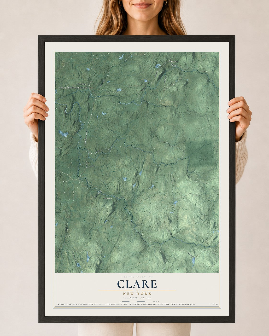 Clare, New York map print, 24" x 36" W/ Black Ayous Wood Frame mockup