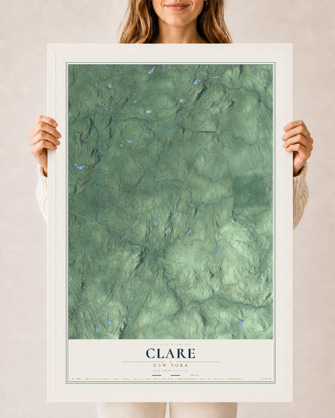 Clare, New York map print, 24" x 36" W/ White Ayous Wood Frame mockup