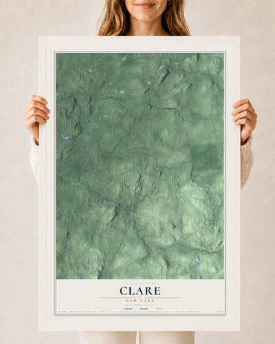 Clare, New York map print, 24" x 36" W/ White Ayous Wood Frame mockup