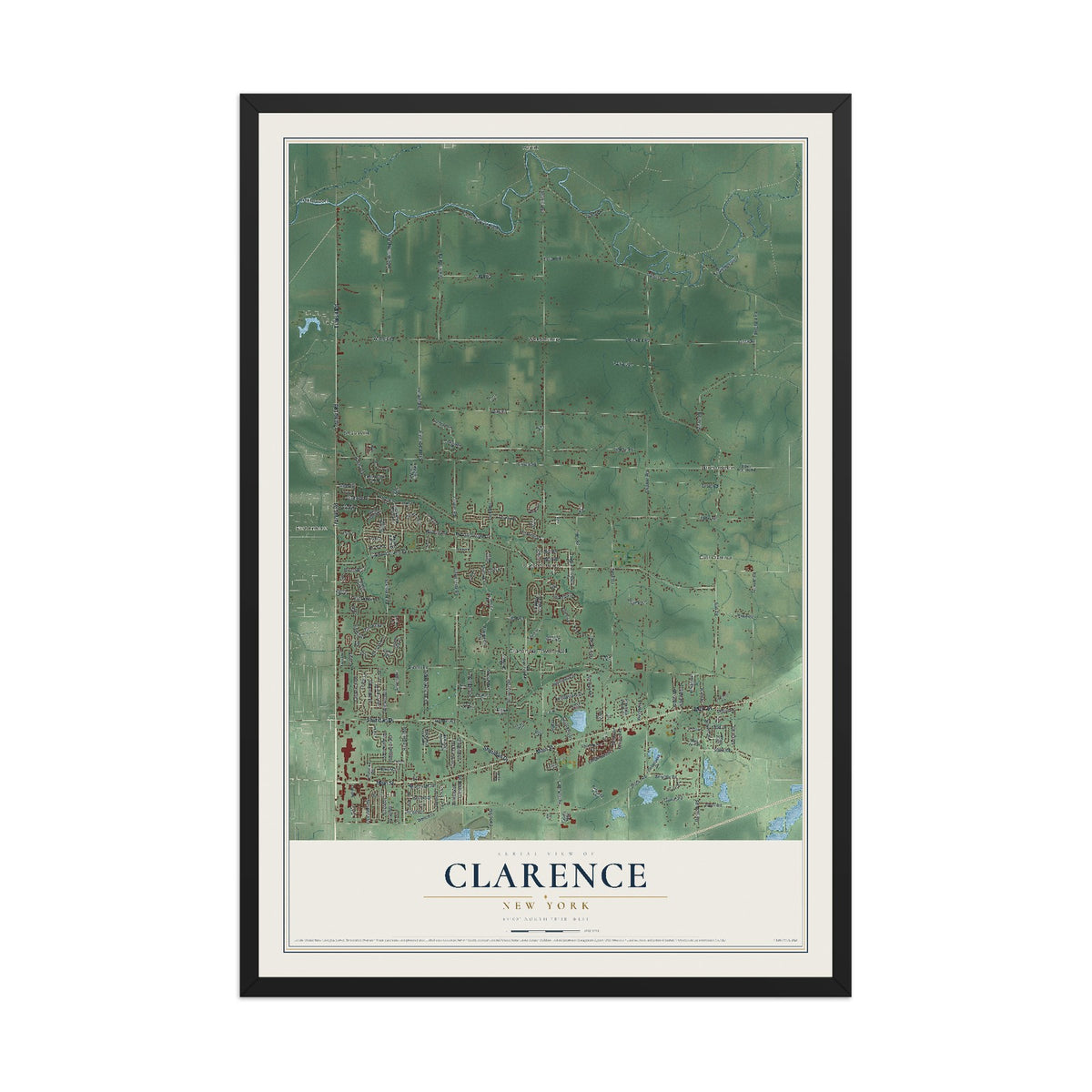 Clarence, New York map print, 12" x 18" W/ Black Ayous Wood Frame mockup