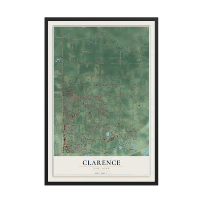 Clarence, New York map print, 12" x 18" W/ Black Ayous Wood Frame mockup