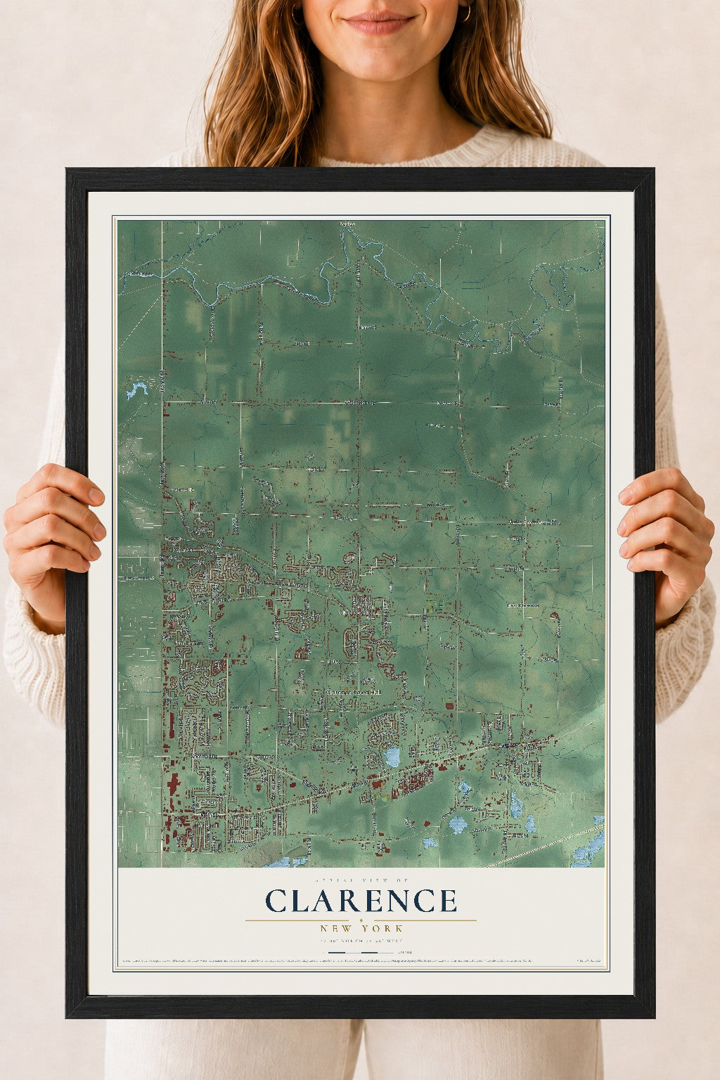 Clarence, New York map print, 18" x 24" W/ Black Ayous Wood Frame mockup