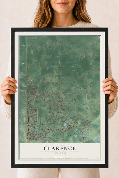 Clarence, New York map print, 18" x 24" W/ Black Ayous Wood Frame mockup
