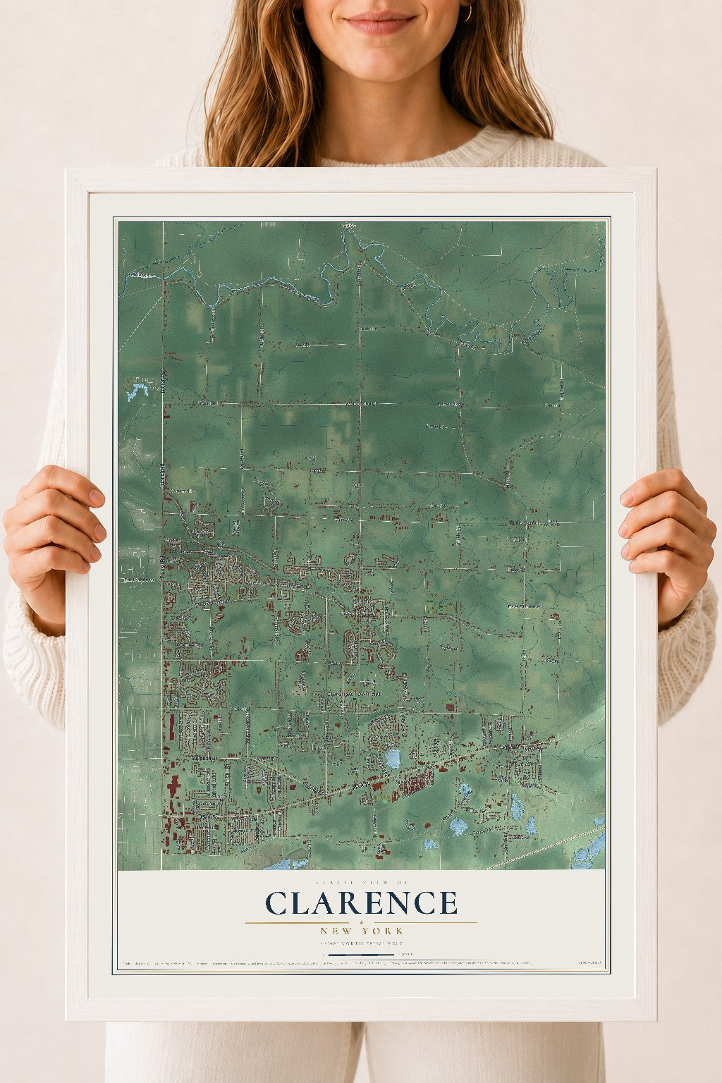 Clarence, New York map print, 18" x 24" W/ White Ayous Wood Frame mockup