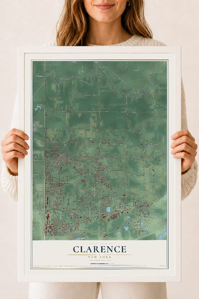 Clarence, New York map print, 18" x 24" W/ White Ayous Wood Frame mockup