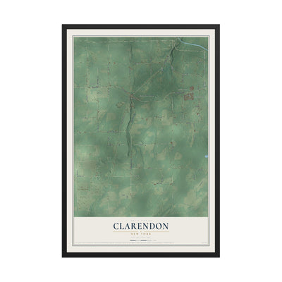 Clarendon, New York map print, 12" x 18" W/ Black Ayous Wood Frame mockup
