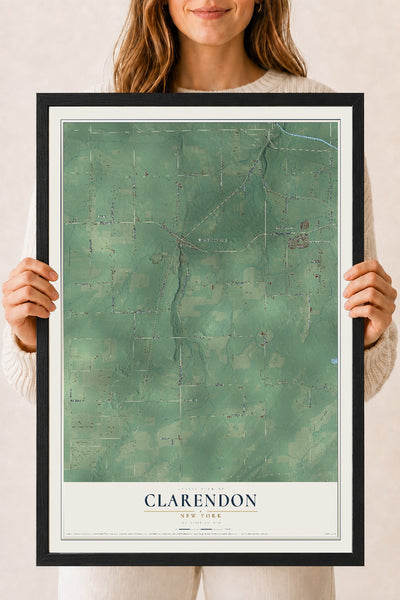 Clarendon, New York map print, 18" x 24" W/ Black Ayous Wood Frame mockup