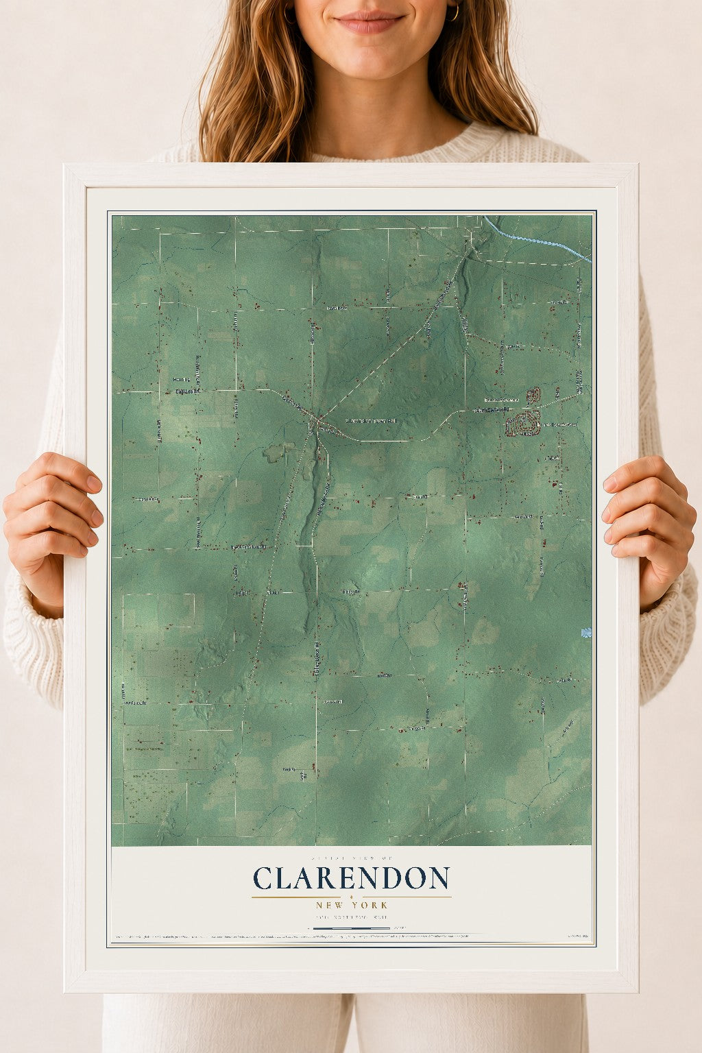 Clarendon, New York map print, 18" x 24" W/ White Ayous Wood Frame mockup