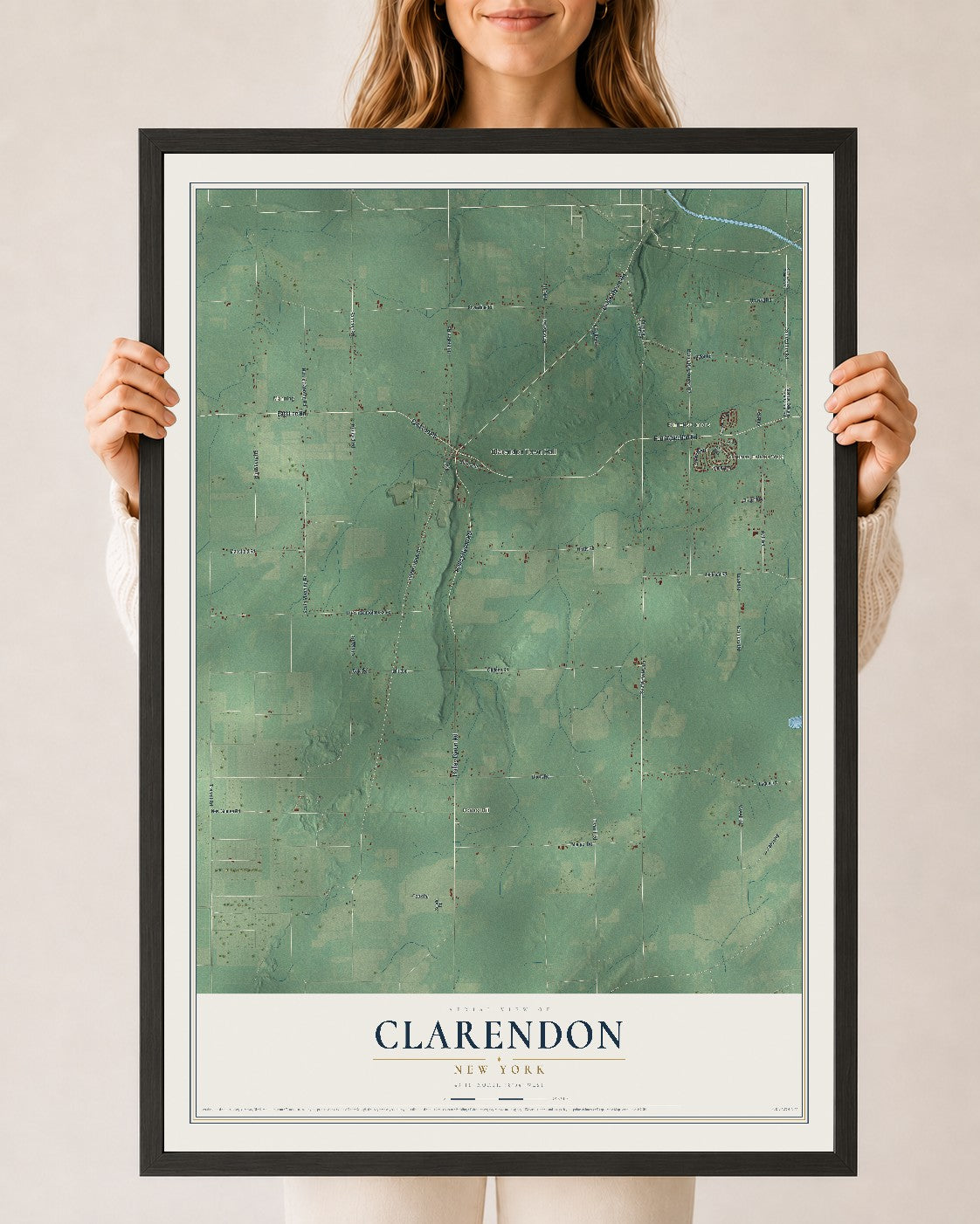 Clarendon, New York map print, 24" x 36" W/ Black Ayous Wood Frame mockup