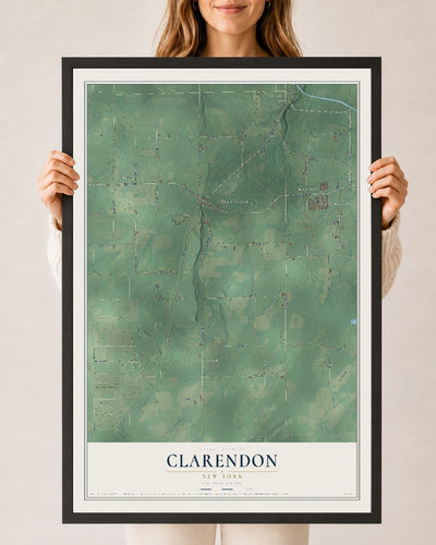 Clarendon, New York map print, 24" x 36" W/ Black Ayous Wood Frame mockup