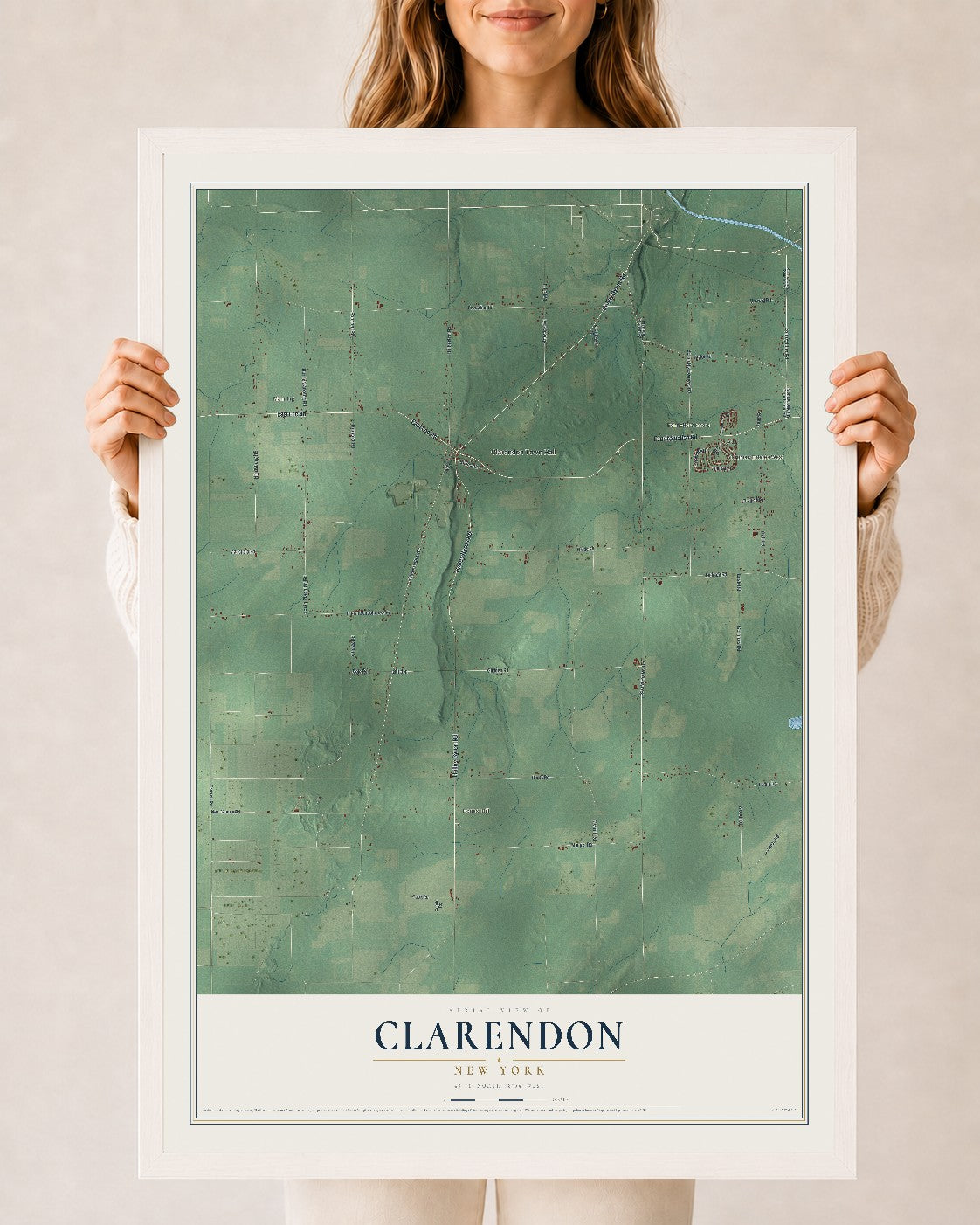 Clarendon, New York map print, 24" x 36" W/ White Ayous Wood Frame mockup