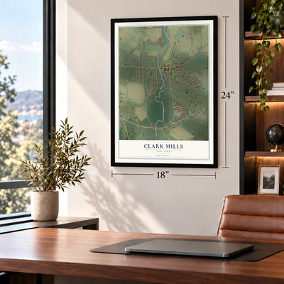 Clark Mills, New York map, 18 x 24 inch print in a black frame in a home office